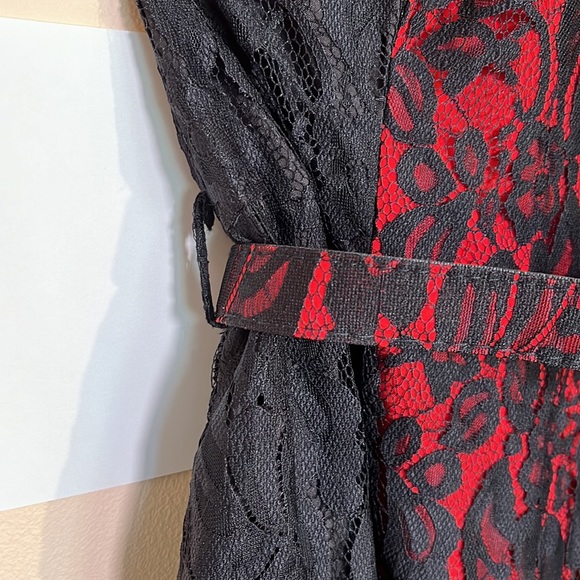 New City Chic belted black lace dress with red underlay plus size - Picture 4 of 8